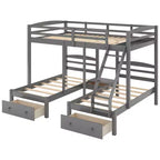 Lit superposé triple pour enfants (un grand lit supérieur, deux lits jumeaux inférieurs) avec tiroirs et barrières de sécurité, gris