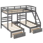 Lit superposé triple pour enfants (un grand lit supérieur, deux lits jumeaux inférieurs) avec tiroirs et barrières de sécurité, gris