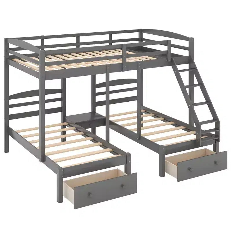 Lit superposé triple pour enfants (un grand lit supérieur, deux lits jumeaux inférieurs) avec tiroirs et barrières de sécurité, gris