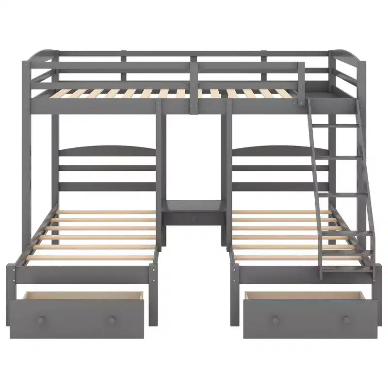 Lit superposé triple pour enfants (un grand lit supérieur, deux lits jumeaux inférieurs) avec tiroirs et barrières de sécurité, gris