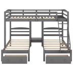 Lit superposé triple pour enfants (un grand lit supérieur, deux lits jumeaux inférieurs) avec tiroirs et barrières de sécurité, gris