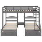 Lit superposé triple pour enfants (un grand lit supérieur, deux lits jumeaux inférieurs) avec tiroirs et barrières de sécurité, gris