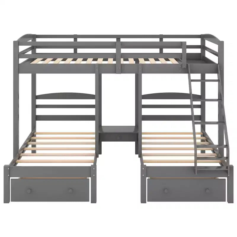 Lit superposé triple pour enfants (un grand lit supérieur, deux lits jumeaux inférieurs) avec tiroirs et barrières de sécurité, gris