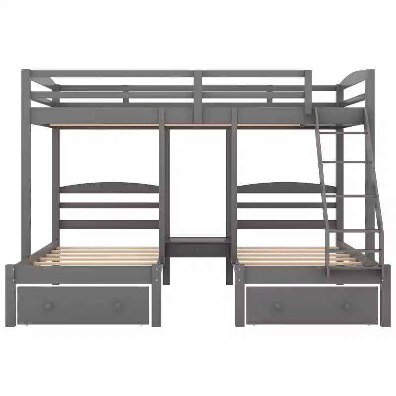 Lit superposé triple pour enfants (un grand lit supérieur, deux lits jumeaux inférieurs) avec tiroirs et barrières de sécurité, gris