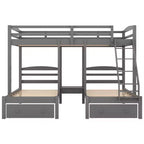 Lit superposé triple pour enfants (un grand lit supérieur, deux lits jumeaux inférieurs) avec tiroirs et barrières de sécurité, gris
