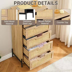 Commode 5 tiroirs en bois et rotin, meuble de rangement avec pieds, commodes et chiffonniers pour chambre à coucher