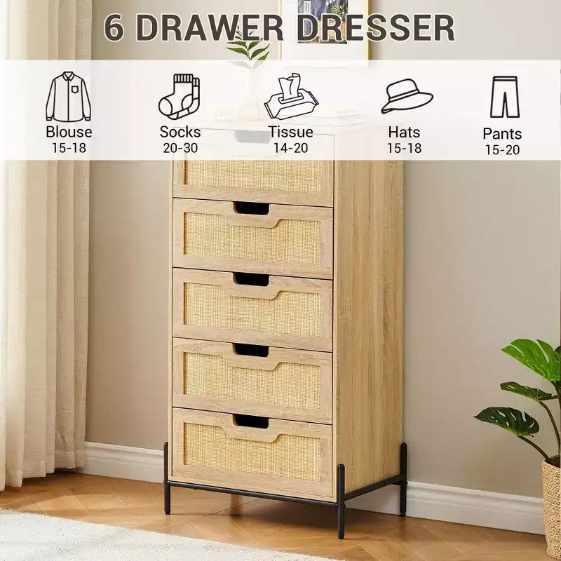 Commode 5 tiroirs en bois et rotin, meuble de rangement avec pieds, commodes et chiffonniers pour chambre à coucher