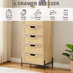 Commode 5 tiroirs en bois et rotin, meuble de rangement avec pieds, commodes et chiffonniers pour chambre à coucher
