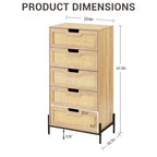 Commode 5 tiroirs en bois et rotin, meuble de rangement avec pieds, commodes et chiffonniers pour chambre à coucher