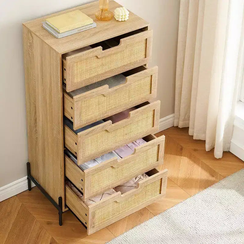 Commode 5 tiroirs en bois et rotin, meuble de rangement avec pieds, commodes et chiffonniers pour chambre à coucher