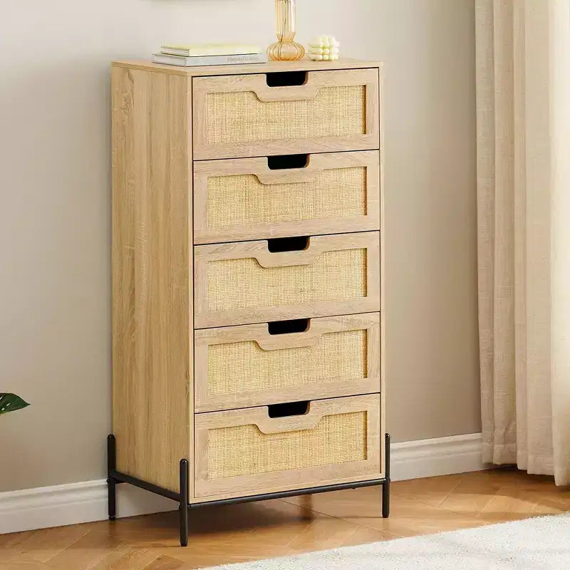 Commode 5 tiroirs en bois et rotin, meuble de rangement avec pieds, commodes et chiffonniers pour chambre à coucher