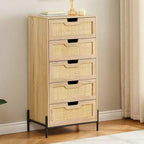 Commode 5 tiroirs en bois et rotin, meuble de rangement avec pieds, commodes et chiffonniers pour chambre à coucher