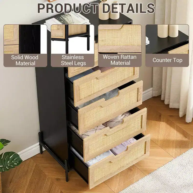 Commode 5 tiroirs en bois et rotin, meuble de rangement avec pieds, commodes et chiffonniers pour chambre à coucher