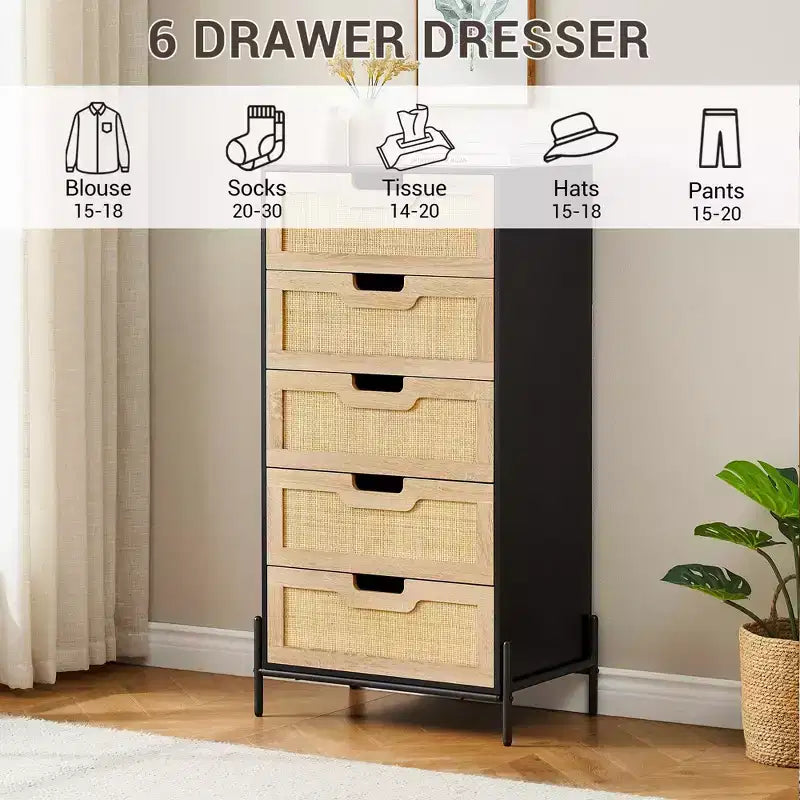 Commode 5 tiroirs en bois et rotin, meuble de rangement avec pieds, commodes et chiffonniers pour chambre à coucher
