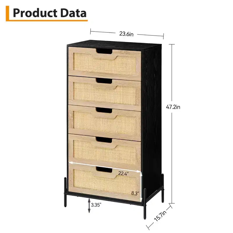Commode 5 tiroirs en bois et rotin, meuble de rangement avec pieds, commodes et chiffonniers pour chambre à coucher
