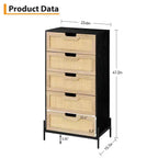 Commode 5 tiroirs en bois et rotin, meuble de rangement avec pieds, commodes et chiffonniers pour chambre à coucher