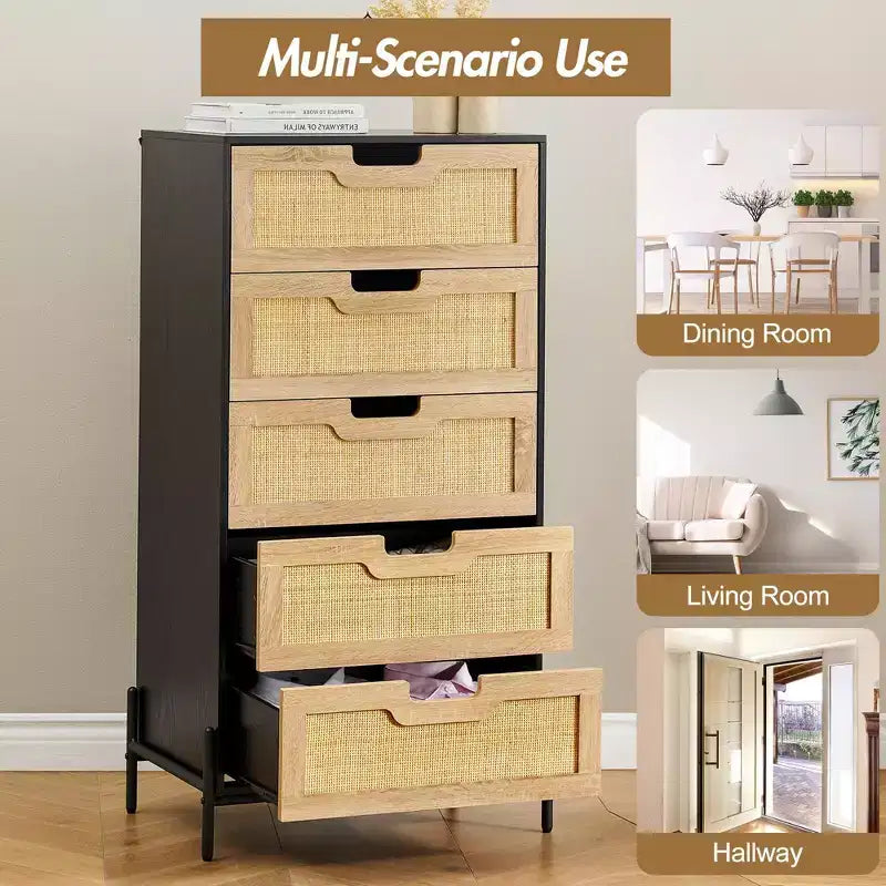Commode 5 tiroirs en bois et rotin, meuble de rangement avec pieds, commodes et chiffonniers pour chambre à coucher