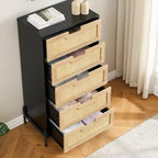 Commode 5 tiroirs en bois et rotin, meuble de rangement avec pieds, commodes et chiffonniers pour chambre à coucher
