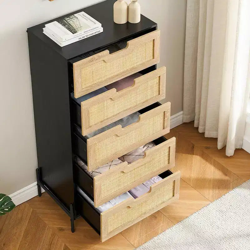 Commode 5 tiroirs en bois et rotin, meuble de rangement avec pieds, commodes et chiffonniers pour chambre à coucher