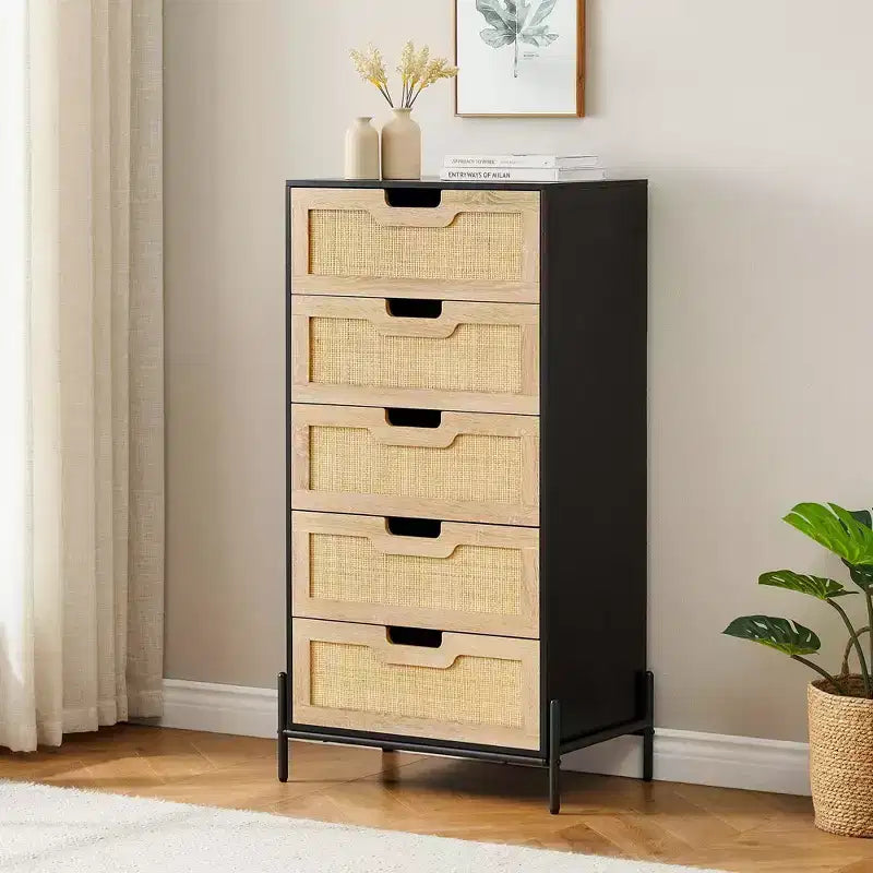 Commode 5 tiroirs en bois et rotin, meuble de rangement avec pieds, commodes et chiffonniers pour chambre à coucher