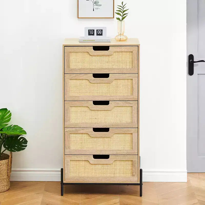 Commode 5 tiroirs en bois et rotin, meuble de rangement avec pieds, commodes et chiffonniers pour chambre à coucher