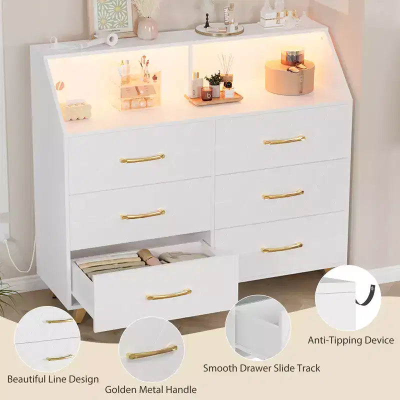 Commode noire éclairée à 6 tiroirs avec station de charge et étagère de rangement, commode en bois avec pieds en métal pour chambre à coucher ou salon