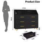 Commode noire éclairée à 6 tiroirs avec station de charge et étagère de rangement, commode en bois avec pieds en métal pour chambre à coucher ou salon