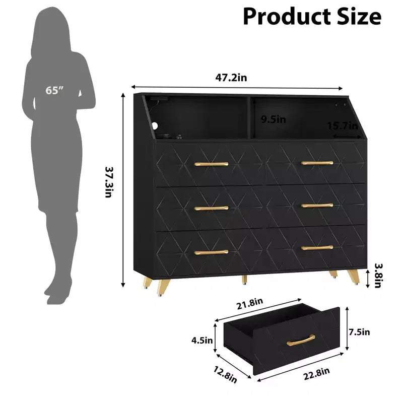 Commode noire éclairée à 6 tiroirs avec station de charge et étagère de rangement, commode en bois avec pieds en métal pour chambre à coucher ou salon
