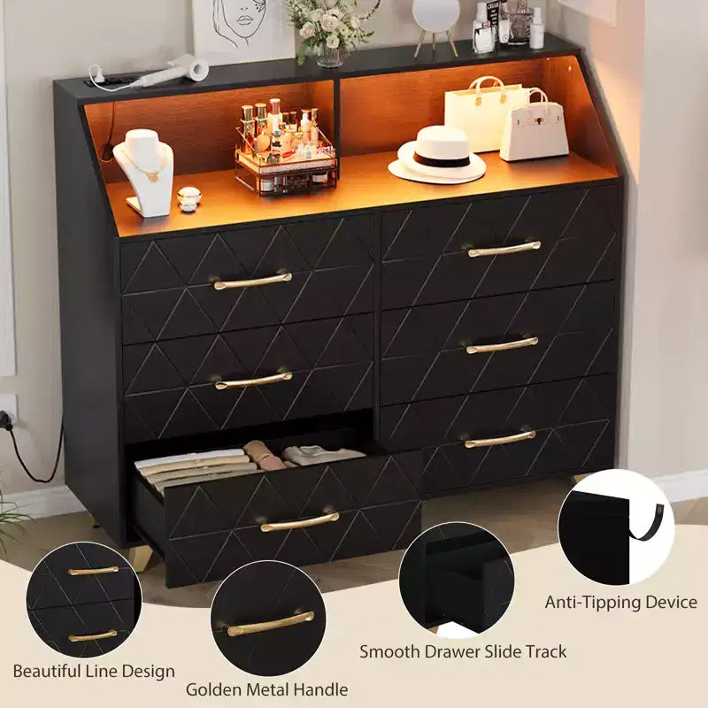 Commode noire éclairée à 6 tiroirs avec station de charge et étagère de rangement, commode en bois avec pieds en métal pour chambre à coucher ou salon