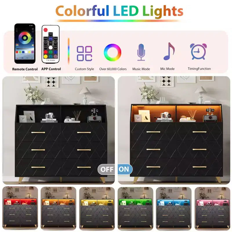 Commode noire éclairée à 6 tiroirs avec station de charge et étagère de rangement, commode en bois avec pieds en métal pour chambre à coucher ou salon