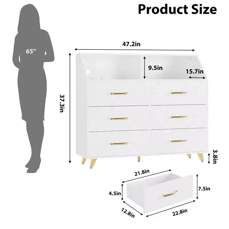 Commode noire éclairée à 6 tiroirs avec station de charge et étagère de rangement, commode en bois avec pieds en métal pour chambre à coucher ou salon