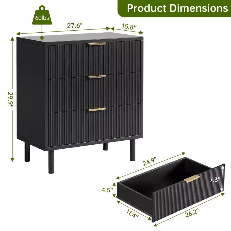 Commode à 3 tiroirs cannelés noirs larges de 70 cm, commode de rangement en bois avec pieds en métal et dispositif anti-basculement