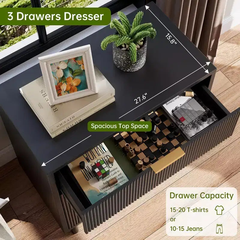 Commode à 3 tiroirs cannelés noirs larges de 70 cm, commode de rangement en bois avec pieds en métal et dispositif anti-basculement