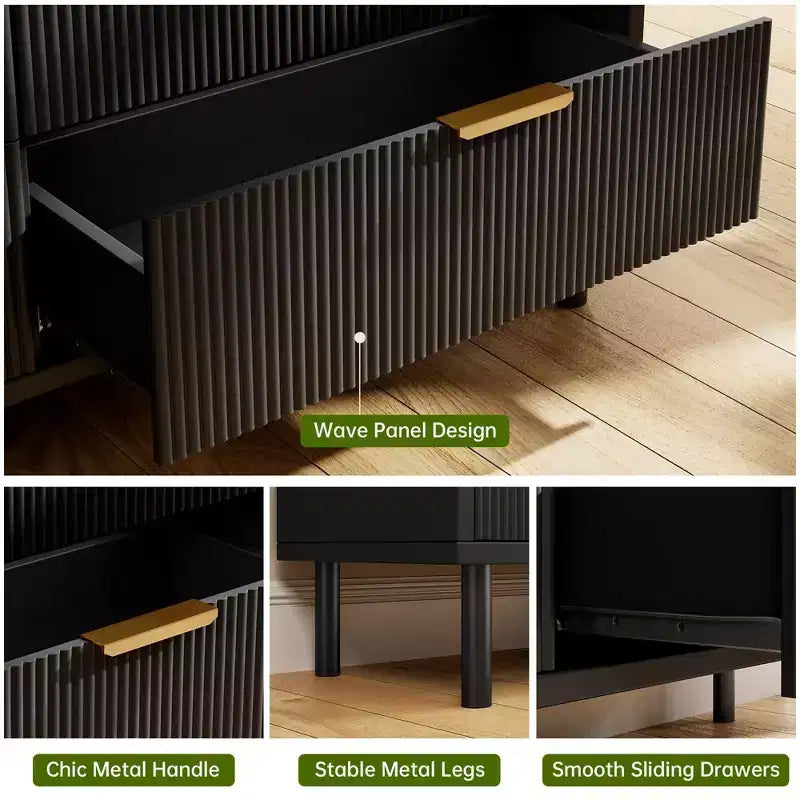 Commode à 3 tiroirs cannelés noirs larges de 70 cm, commode de rangement en bois avec pieds en métal et dispositif anti-basculement