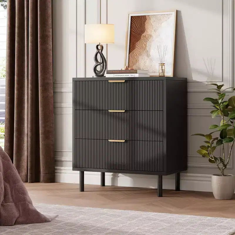 Commode à 3 tiroirs cannelés noirs larges de 70 cm, commode de rangement en bois avec pieds en métal et dispositif anti-basculement