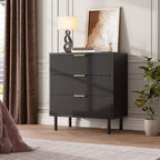 Commode à 3 tiroirs cannelés noirs larges de 70 cm, commode de rangement en bois avec pieds en métal et dispositif anti-basculement