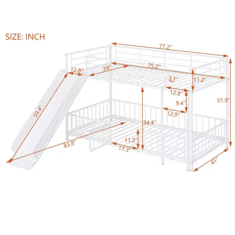 Lit superposé en métal avec toboggan et garde-corps, cadre de lits superposés en métal pour chambres d'enfants