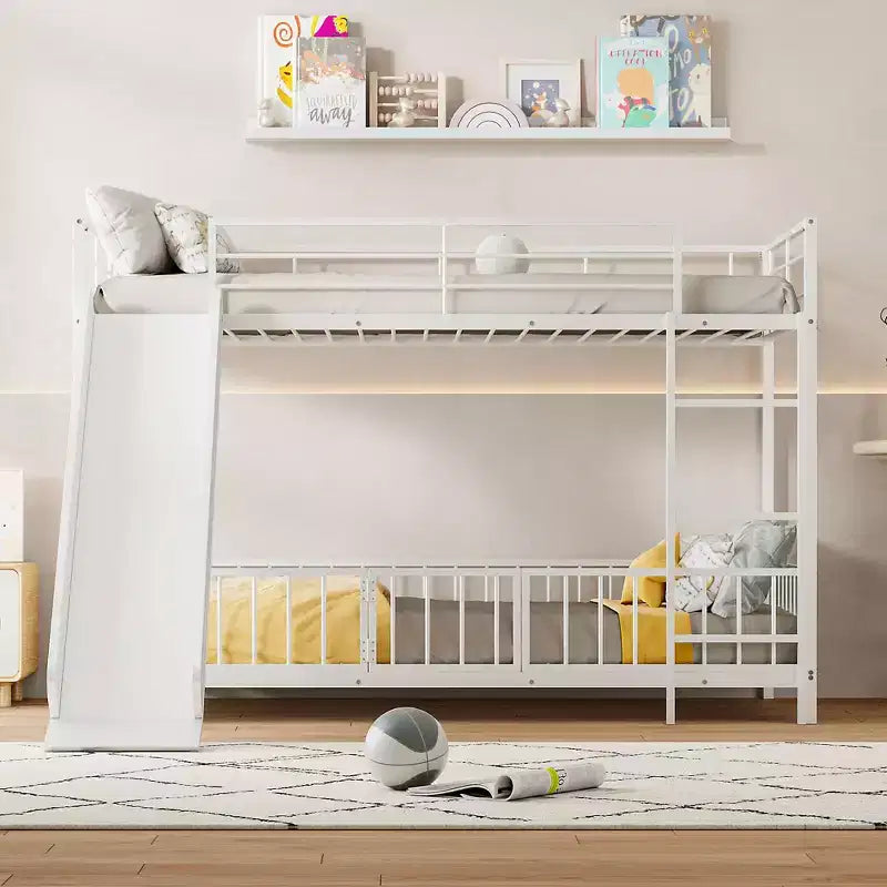 Lit superposé en métal avec toboggan et garde-corps, cadre de lits superposés en métal pour chambres d'enfants
