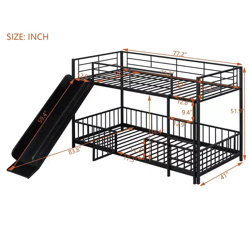 Lit superposé en métal avec toboggan et garde-corps, cadre de lits superposés en métal pour chambres d'enfants