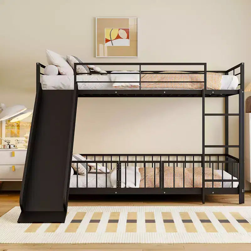 Lit superposé en métal avec toboggan et garde-corps, cadre de lits superposés en métal pour chambres d'enfants