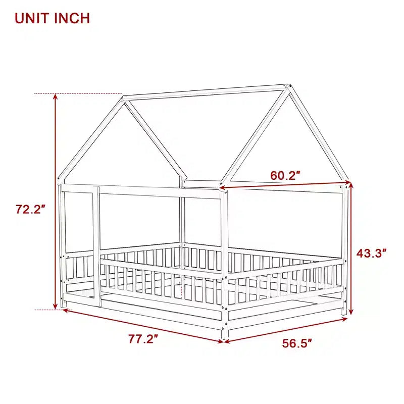 Lit cabane pour enfants taille réelle, lit au sol en bois massif, lit Montessori au sol avec barrière et toit, (Grand lit, Naturel)