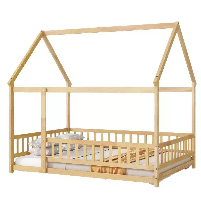 Lit cabane pour enfants taille réelle, lit au sol en bois massif, lit Montessori au sol avec barrière et toit, (Grand lit, Naturel)