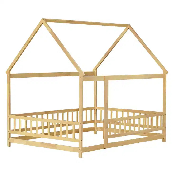 Lit cabane pour enfants taille réelle, lit au sol en bois massif, lit Montessori au sol avec barrière et toit, (Grand lit, Naturel)