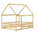 Lit cabane pour enfants taille réelle, lit au sol en bois massif, lit Montessori au sol avec barrière et toit, (Grand lit, Naturel)