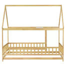 Lit cabane pour enfants taille réelle, lit au sol en bois massif, lit Montessori au sol avec barrière et toit, (Grand lit, Naturel)