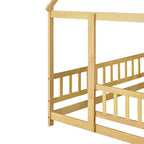 Lit cabane pour enfants taille réelle, lit au sol en bois massif, lit Montessori au sol avec barrière et toit, (Grand lit, Naturel)