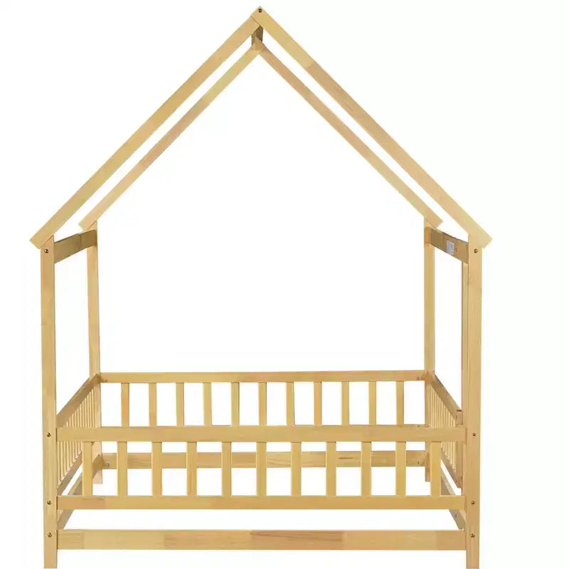 Lit cabane pour enfants taille réelle, lit au sol en bois massif, lit Montessori au sol avec barrière et toit, (Grand lit, Naturel)