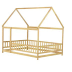 Lit cabane pour enfants taille réelle, lit au sol en bois massif, lit Montessori au sol avec barrière et toit, (Grand lit, Naturel)