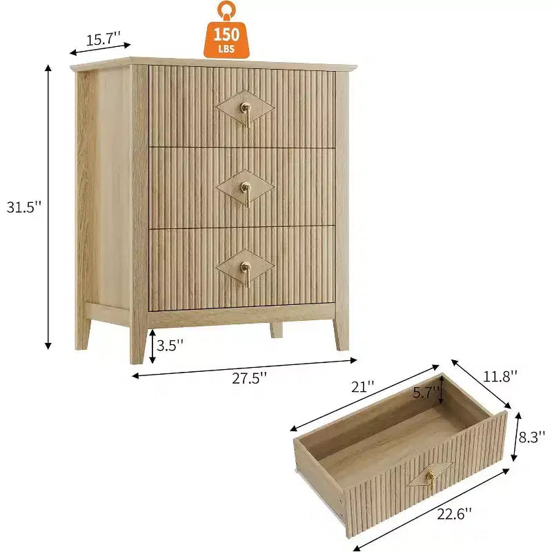 Commode cannelée à 3 tiroirs de 27,6 po, meuble de rangement large pour entrée et chambre