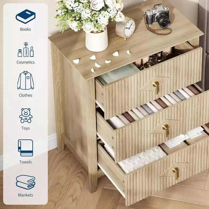 Commode cannelée à 3 tiroirs de 27,6 po, meuble de rangement large pour entrée et chambre